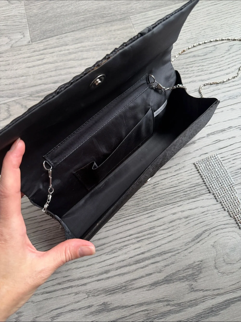 Elegant Black Pleated Evening Clutch with Silver Chain